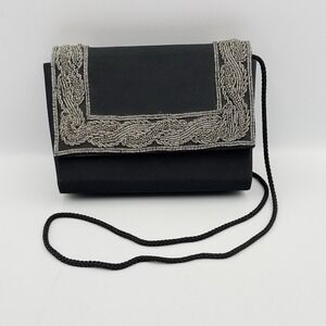 Vtge Carla Marchi Black Silver Beaded Evening Shoulder Bag Clutch Art Deco Style